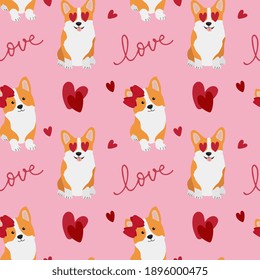 Seamless pattern with  corgis and hearts. Background for wrapping paper,  greeting cards and seasonal designs. Happy Valentine's day.