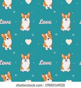 Seamless pattern with corgis and hearts. Background for wrapping paper, greeting cards and seasonal designs. Happy Valentine's day.