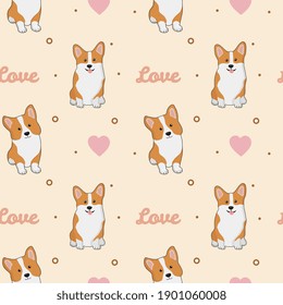 Seamless pattern with corgis and hearts. Background for wrapping paper, greeting cards and seasonal designs. Happy Valentine's day.