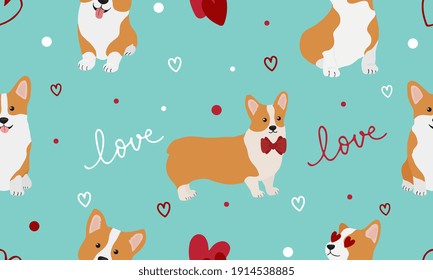 Seamless pattern with corgis and hearts. Background for wrapping paper, greeting cards and seasonal design. Happy Valentine's Day.