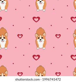Seamless pattern with corgis and hearts. Background for wrapping paper, greeting cards and seasonal design. Happy Valentine's Day.