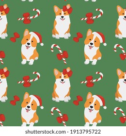 Seamless pattern with  corgis in Santa Claus hat and caramels. Background for wrapping paper,  greeting cards and seasonal designs. Merry Christmas and Happy new year.