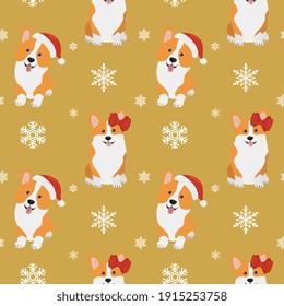 Seamless pattern with  corgis in Santa Claus hat and snowflakes. Background for wrapping paper,  greeting cards and seasonal designs. Merry Christmas and Happy new year