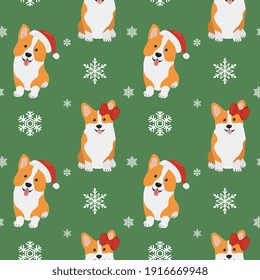 Seamless pattern with  corgis in Santa Claus hat and snowflakes. Background for wrapping paper,  greeting cards and seasonal designs. Merry Christmas and Happy new year.