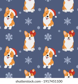 Seamless pattern with  corgis in Santa Claus hat and snowflakes. Background for wrapping paper,  greeting cards and seasonal designs. Merry Christmas and Happy new year.
