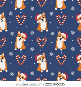 Seamless pattern with corgis in Santa Claus hat and caramels. Background for wrapping paper, greeting cards and seasonal designs. Merry Christmas and Happy new year.