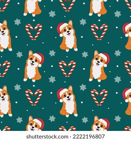 Seamless pattern with corgis in Santa Claus hat and caramels. Background for wrapping paper, greeting cards and seasonal designs. Merry Christmas and Happy new year.