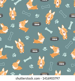 Seamless pattern with corgy/ corgi welsh. Kawaii characters. Dog/ puppy vector illustration. Design for textile, fabric, decoration, wallpaper, wrapping, scrapbook and packaging.