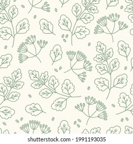 Patrón sin mar con cilantro sobre fondo beige. Perfecto para la carta, tela, papel pintado, libros culinarios. Ilustración de vector de contorno