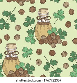 Seamless pattern with coriander seeds and bottle of cilantro essential oil. Cosmetic, perfumery and medical plant. Vector hand drawn illustration.