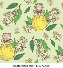 Seamless pattern with coriander seeds and bottle of cilantro essential oil. Cosmetic, perfumery and medical plant. Vector hand drawn illustration.