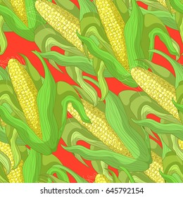 Seamless pattern Corn in the cob with leaves on red Vector illustration