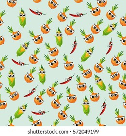 Seamless pattern with corn cob and red pepper, onion