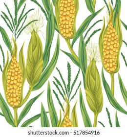 Seamless pattern with corn. Cobs, blossom branch and leaf. Collection decorative design elements. Vintage vector illustration in watercolor style.