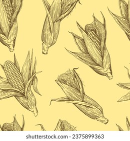 Seamless pattern with corn cobs. Drawing in old retro engraving style. Hand drawn detailed botanical illustration