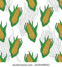 Seamless pattern of corn. Colorful corn illustration featuring vibrant yellow kernels and green leaves
