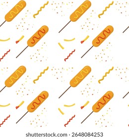 Seamless pattern corn dogs with ketchup, mustard on sticks. For fast food packaging, street food festival designs, snack themed prints.