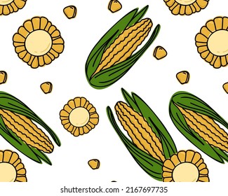 
Seamless pattern with corn head, slice and grain. Food and natural products. Set of vector illustrations. Doodle or line style. Label, cover, price tag, background.