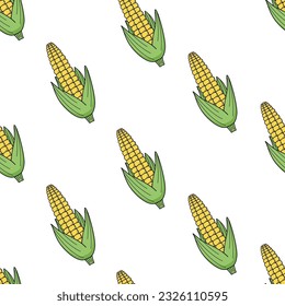 Seamless Pattern Corn icon doodle. Vector drawing of a ripe corn cob, vegetable background