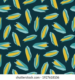 Seamless pattern of corn, isolated on a blue background. Hand-drawn corn in flat style. Illustration of vegetables. Suitable for illustrating healthy eating, recipes, local farm.