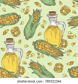 Seamless pattern with corn and corn oil . Vector hand drawn illustration.