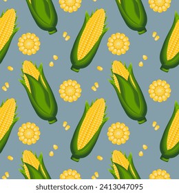 Seamless pattern, corn on the cob with leaves and corn kernels. Agriculture concept. Background, print, textile, vector