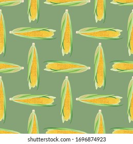 Patrón inoxidable con maíz sobre fondo verde. Maíz amarillo dulce. Papel tapiz, impresión, embalaje, papel, diseño textil, material promocional. Ilustración vectorial.