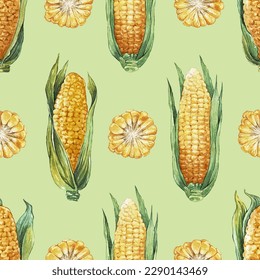 Seamless pattern with corn. Realistic botanic illustation of corn cobs and slice. Corncob with Leaf. Hand drawn watercolor vector painting.