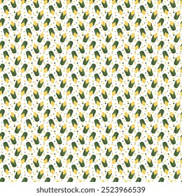 Seamless pattern corn Vegetable banner. Yellow Ripe corncobs with green leaves seamless pattern
