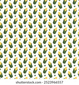 Seamless pattern corn Vegetable banner. Yellow Ripe corncobs with green leaves seamless pattern