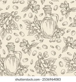 Seamless pattern with cornel: plant and cornel berries and bottle of cornel oil. Vector hand drawn illustration