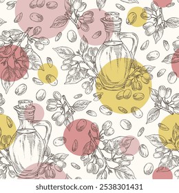 Seamless pattern with cornel: plant and cornel berries and bottle of cornel oil. Vector hand drawn illustration