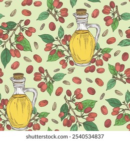 Seamless pattern with cornel: plant and cornel berries and bottle of cornel oil. Vector hand drawn illustration