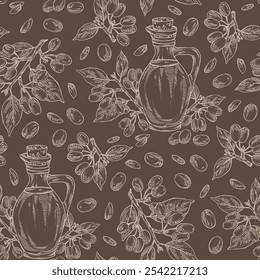 Seamless pattern with cornel: plant and cornel berries and bottle of cornel oil. Vector hand drawn illustration