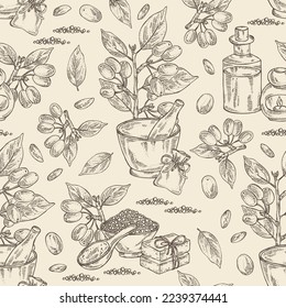 Seamless pattern with cornel: plant, leaves and cornel berries. Cornus mas. Oil, soap and bath salt . Cosmetics and medical plant. Vector hand drawn illustration