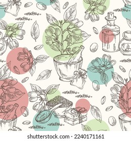 Seamless pattern with cornel: plant, leaves and cornel berries. Cornus mas. Oil, soap and bath salt . Cosmetics and medical plant. Vector hand drawn illustration