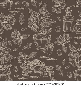 Seamless pattern with cornel: plant, leaves and cornel berries. Cornus mas. Oil, soap and bath salt . Cosmetics and medical plant. Vector hand drawn illustration