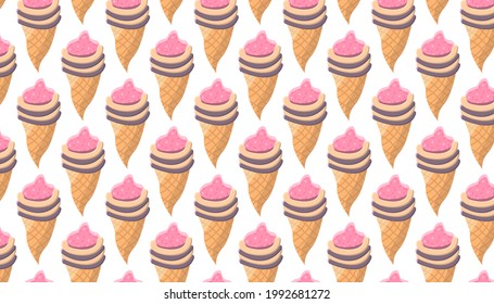 Seamless pattern of cornet waffle strawberry ice cream in a simple flat style. Isolated on white. Modern design for clothing, banners, covers, posters, websites and advertising