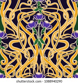 Seamless pattern  with cornflower blue in art nouveau style, vector illustration