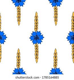 Seamless pattern cornflowers and ears of wheat on a white background. Colorful background for design, packaging, wallpaper, fabric, textile, stationery, accessories. Vector illustration.
