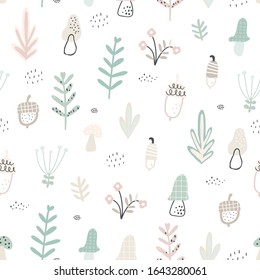 Seamless pattern with corns, plants, mushrooms. Childish floral texture. Great for fabric, textile. Cute vector Illustration. Forest.