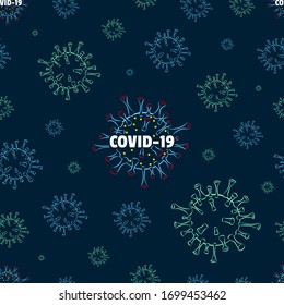 Seamless Pattern of Corona Virus Disease COVID-19, global spread dangerous corona virus pandemic on dark background.