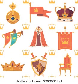 Seamless Pattern With Coronation Attributes Features Regal Gold And White Color Scheme, With Intricate Motifs Of Crowns