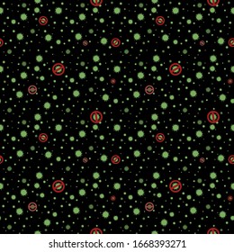 Seamless pattern, Coronavirus 2019 virus, Covid-19, CoV, bacterium, biological organisms, viral infection, multi-colored: green, black, red and a prohibition sign. Stock vector illustration.