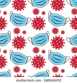 Seamless pattern with coronavirus bacteria and face mask. COVID-19 conceptual vector illustration. 2019-ncov virus cells.