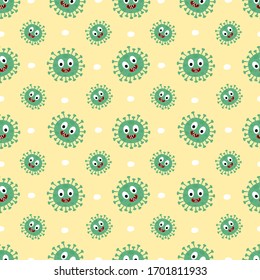 seamless pattern with coronavirus cartoon and white dot on yellow background that design for fabric, gift wrap, print or wallpaper