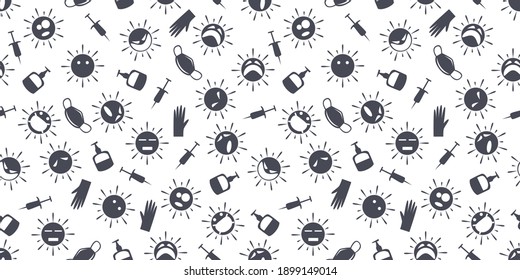 seamless pattern coronavirus, gray symbols on white background, background from syringes virus mask and sanitizer