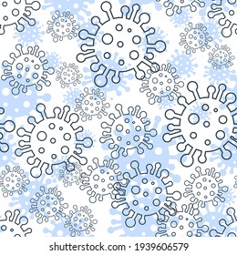 Seamless pattern with coronavirus icons on a white background. Flat design print. Abstract background of coronavirus molecules in gray-blue color. Vector illustration.