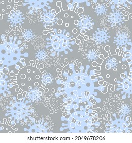 Nahtloses Muster mit Coronavirus-Symbolen auf grauem Hintergrund. Hintergrund mit Koronavirus-Molekülen in weißen und blauen Farben. Vektorgrafik. Flaches Design.