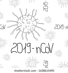 Seamless pattern Coronavirus isolated on white background. line art in doodle. Global epidemic of 2019. Design of coronavirus quarantine, wrapping, textile, backdrop. Vector stock illustration.